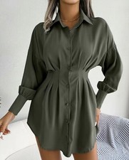 Sexy Party 🎉 Kaki Lantern Sleeve Pleated Waist Dress Shirt Dress Size S/M 