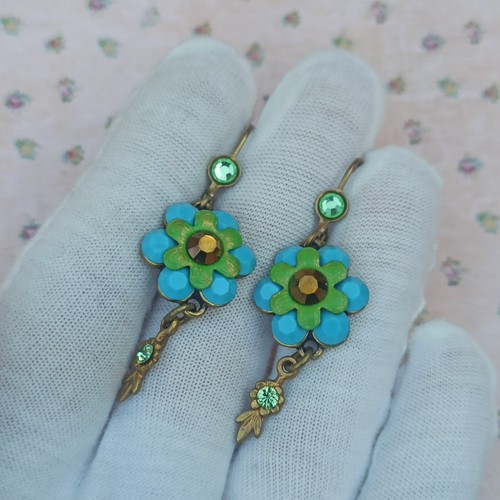 Michal Negrin Earrings Green Turquoise Blue Large Flower Crystals Gift Runway - Picture 9 of 11