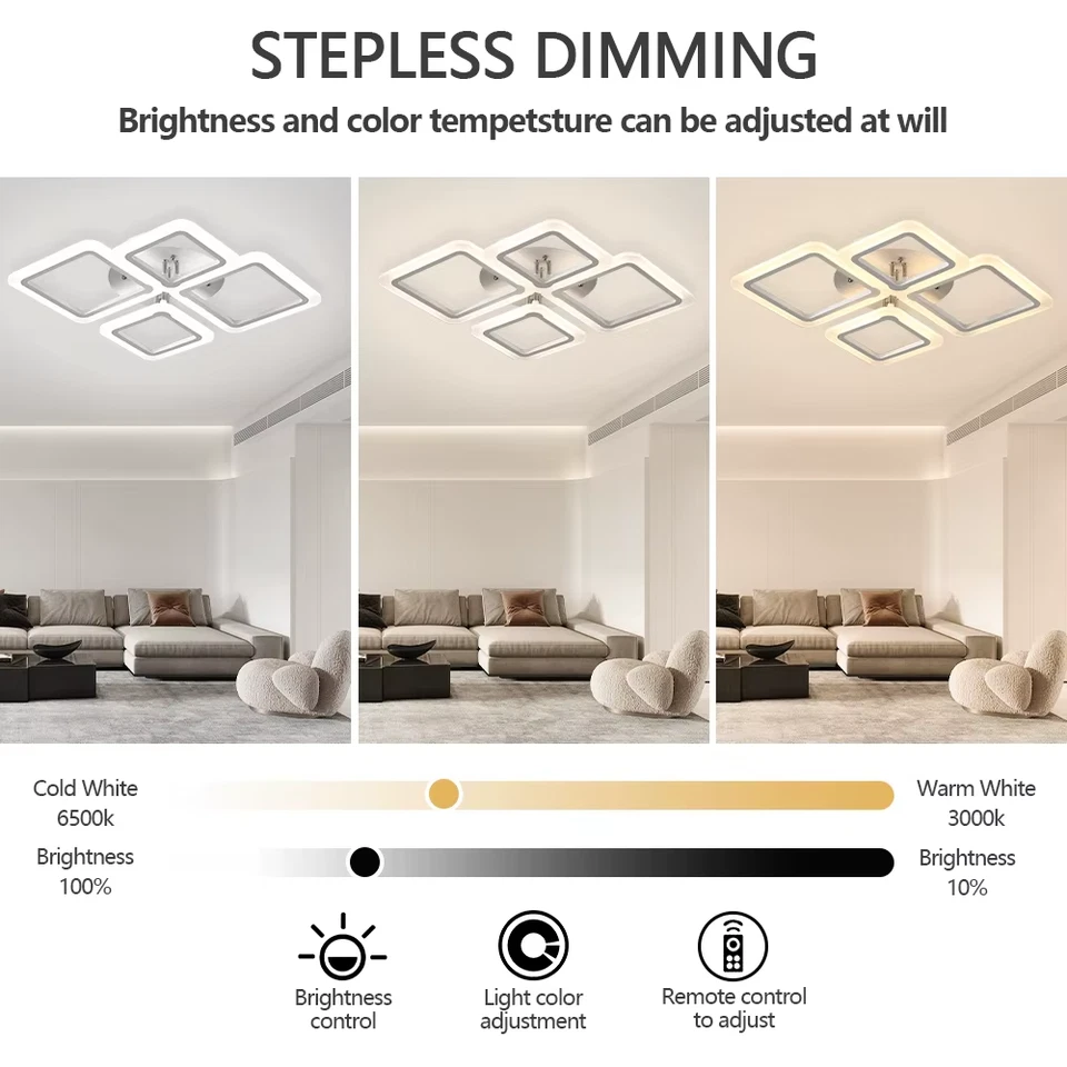 Lampadario LED Quadrato Moderno Elegante Plafoniera Dimmerabile con Telecomando - Immagine 3 di 4