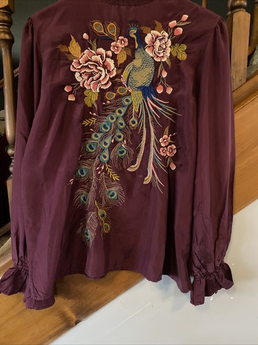 🦚 $295 SUNDANCE CATALOG JOHNNYWAS Bohemian Embroidered Top Med Peacock Blouse - Picture 3 of 16