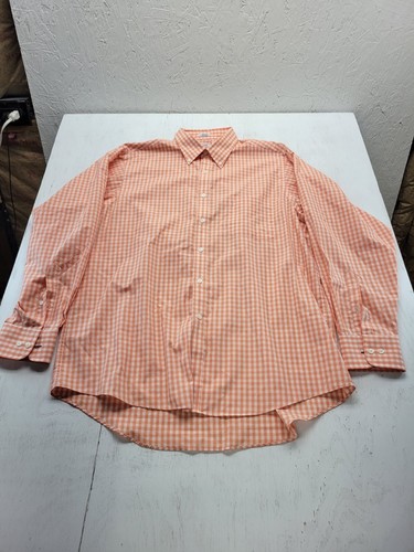 Izod Mens Dress Shirt 17 34/35 Orange White Checkered