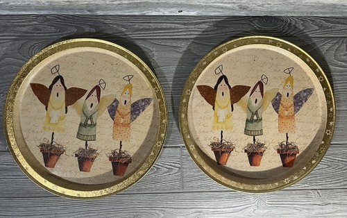 2 Vintage Punze 13,5" Feiertag Metall Serviertabletts Karoling Engel Volkskunst - Bild 2 von 9