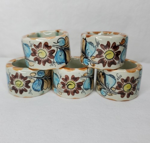 Tonala Mexico Folk Art Napkin Rings Floral Blue Yellow Orange 5 Ceramic Signed - Picture 2 of 16