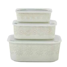 Pioneer Woman Vintage Lace Nesting Bowls Lids 6pc Set Rectangular Ceramic Linen