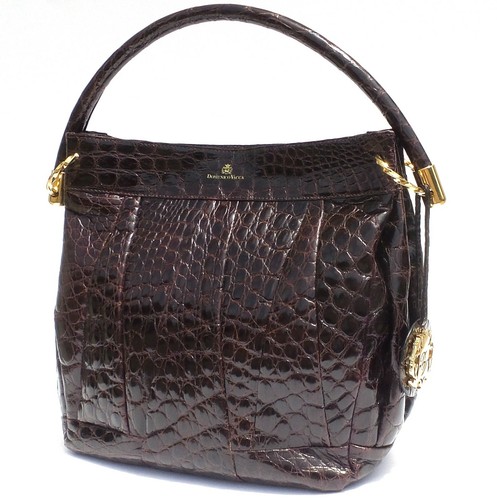 DOMENICO VACCA Brown Alligator Leather Pleated Hobo Gold Ring Shoulder Bag Italy - Picture 2 of 12