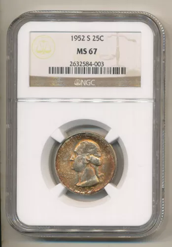 1952 S NGC MS67 Flashy attractive tone silver Washington Quarter