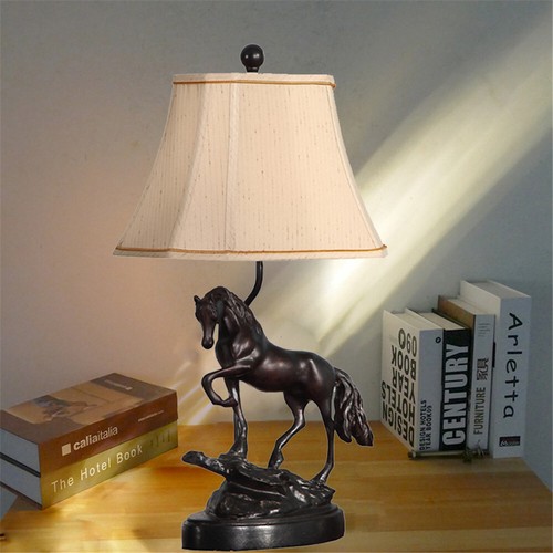 Classic Traditional Horse Base Desk Light Country Fabric Shade Study Table Lamp - Picture 2 of 6