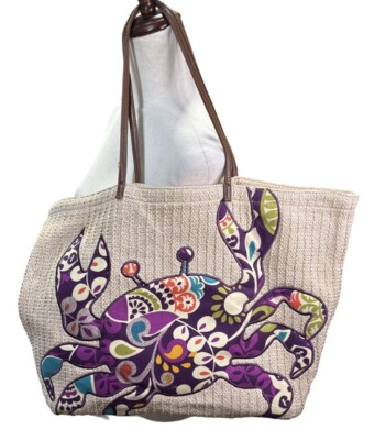 #ad Vera Bradley Straw Seashore Plum Crazy Large Crab Beach Tote Purse Bag FLAW