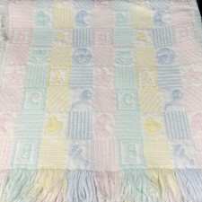 Vintage Pastel ABC Block Squares Baby Blanket Acrylic Fringe Moons Balloon Stars
