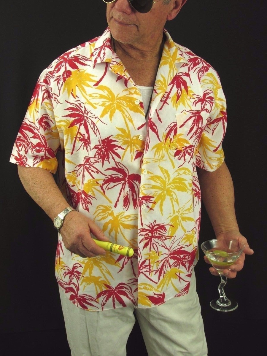 Hawaiian Aloha Shirt 60's Islander Palm Red Yellow White