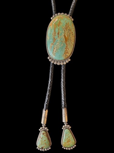 Phenomenal Turquoise Bolo with Handmade Tips and Cord by Mary Ann Spencer - Picture 7 of 12