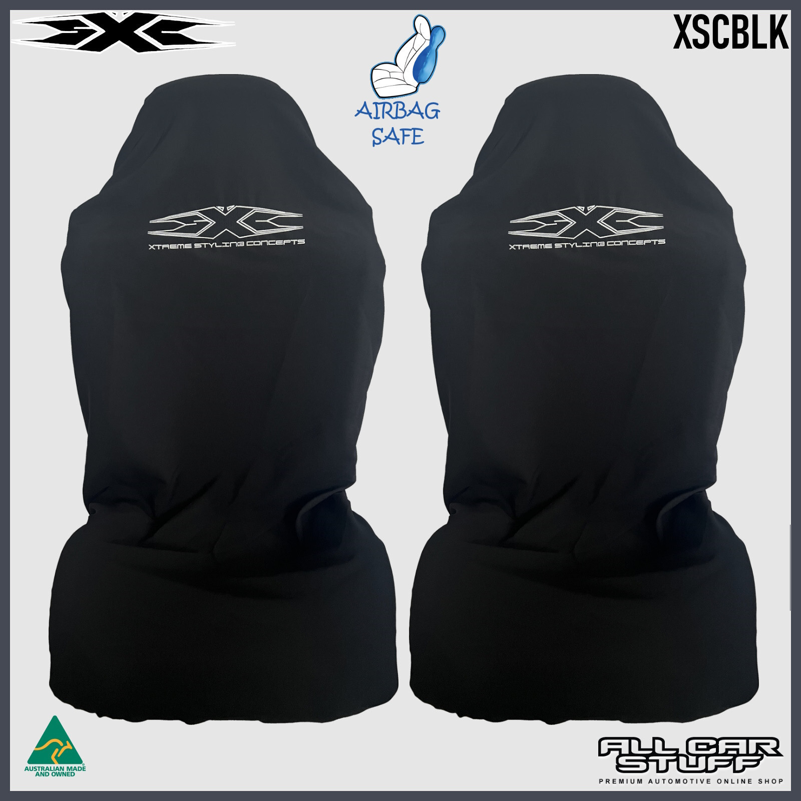 One Pair Australian Made sXc Onyx Black Slip On Throw Over Car Seat Covers