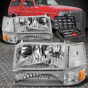 For 1992-1996 Ford F150//F250//F350 Headlight Bumper Lamps+Tool Box Chrome Clear