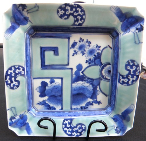 ANTIQUE JAPANESE 19th C IMARI ARITA SOMETSUKE SEIJI OZARA 27.5cm SQUARE PLATTER - Picture 14 of 20