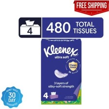 Kleenex Ultra Soft Facial Tissues, 4 Flat Boxes, 120 Tissues per Box, 3-Ply, USA