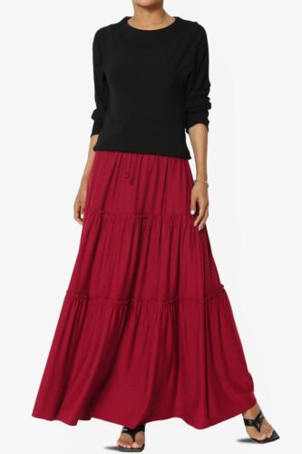 Women's Ruffle Tiered Jersey Drawstring Elastic High Rise A-Line Long Maxi Skirt - Picture 32 of 92