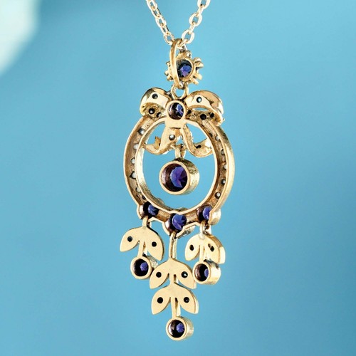 9K Gold Natural Amethyst and Pearl Vintage Style Floral Ribbon Pendant  - Picture 4 of 6
