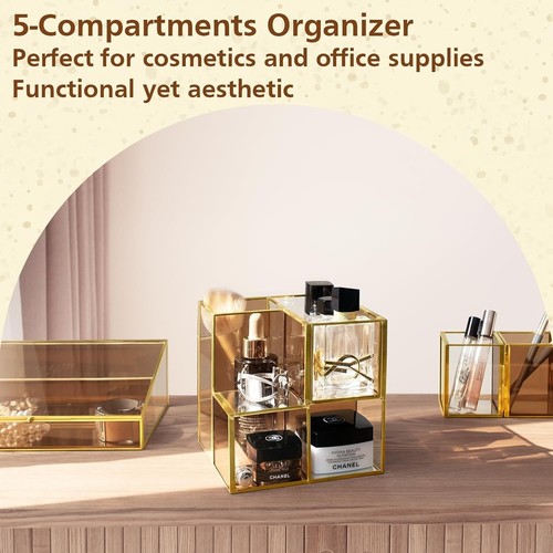 NEW Amber Glass w/Gold Trim Bathroom Vanity Counter Makeup Cube Organizer - Picture 2 of 9