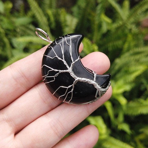 Natural Healing Crystal Quartz Wire Wrap Tree Of Life Crescent Moon Gem Pendant - Picture 26 of 37