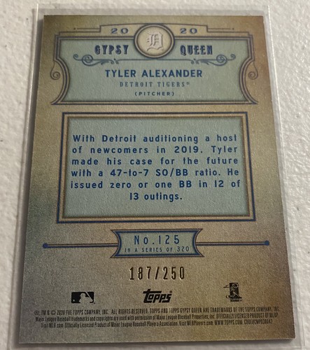 Topps Gypsy Queen Tyler Alexander Sp 2020 azul índigo paralelo #d 187/250 Tigres - Imagen 2 de 2