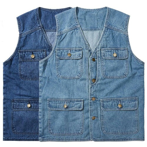 Mens Denim Vest Jeans Multi Pocket Work Utility Waistcoat Sleeveless Jackets  - Picture 2 of 10