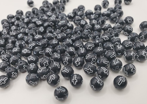 8mm Round Black Opaque Plastic Beads w/ White Crosses - Bag of 50 - Picture 4 of 4