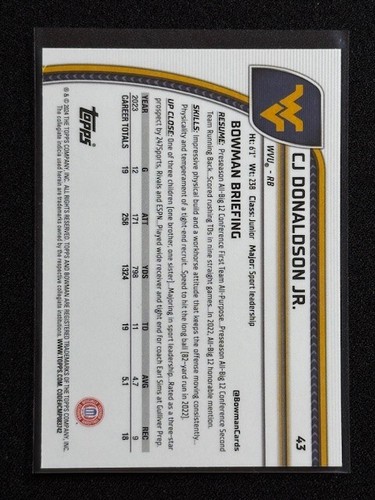 CJ Donaldson JR. - 2024 Bowman U Chrome - Aqua Lava #43 W.VIRGINIA - Picture 4 of 4