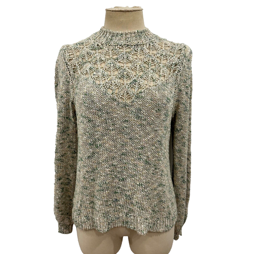 Sezane S Jumper Crochet Balloon Sleeves Knit Oatmeal Green Pink Flecks