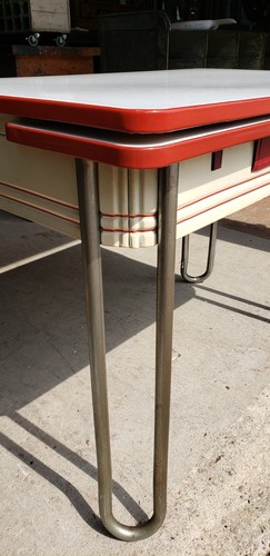 Mid Century Modern White & Red Porcelain Top Draw Table - Picture 7 of 14