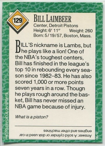 1990 Sports Illustrated for Kids Insert #129 Bill Laimbeer Detroit Pistons - Picture 2 of 2