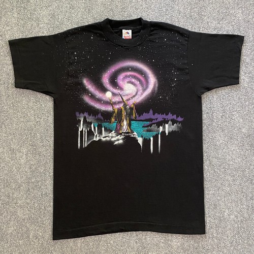 VINTAGE Wizard All Over Print Shirt Adult Medium M Black Galaxy Fantasy AOP 90s - Picture 1 of 18