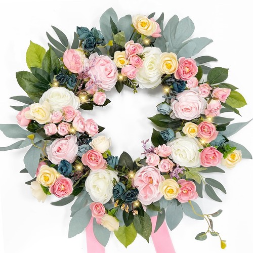 Rose Floral Spring Wreath for Front Door Valentines Day Wreaths & Lights Time... - Picture 7 of 9