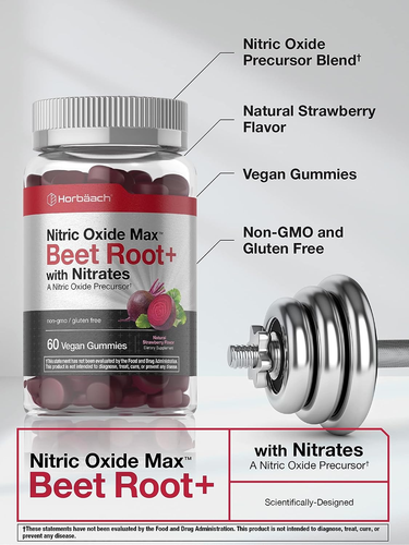 Nitric Oxide Beet Root Gummies with Nitrates, Vegan Non-GMO, 60 Count, Horbaach - Bild 4 von 8