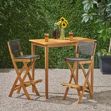 Elizabeth Outdoor 45" Rectangular 3 Piece Wood and Wicker Bar Height Set