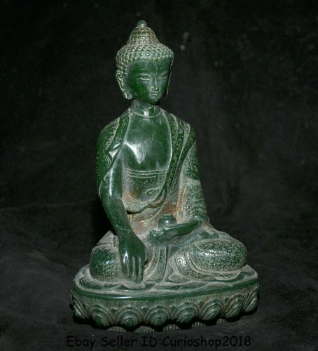 8" Old Natural Green Jade Carving Tibet Shakyamuni Amitabha Buddha Robe Statue - Picture 7 of 10