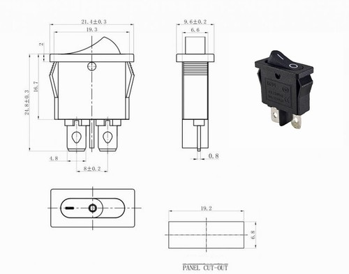 Mini interruttore a bilanciere 19x7 mm, 2 pin 250VAC 6A, 12V 20A, ON-OFF nero, non illuminato - Foto 5 di 5