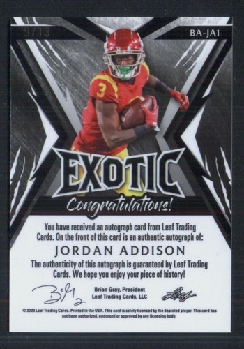 2023 Leaf Exotic Jordan Addison auto Prismatic Snake #d/13 - Picture 2 of 2