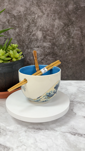 5''Japanese Waves Blue Ceramic Ramen Noodle Rice Bowl W/chopsticks & spoon gift - Video 1 of 1