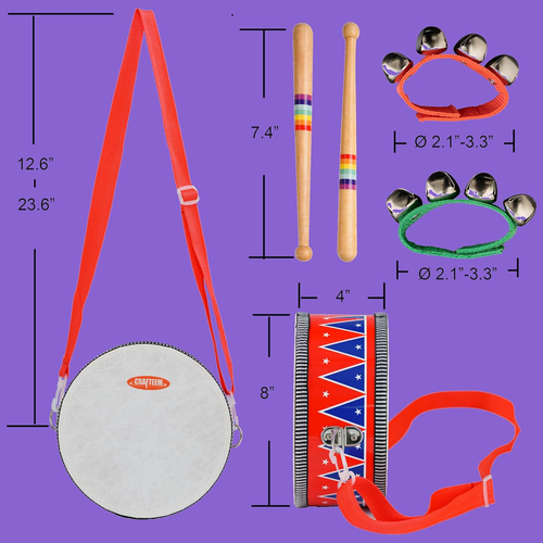 Wooden Kids Drum Set for Toddlers - Baby Musical Toy W/Wrist Bells, Drum Sticks - Picture 2 of 14
