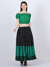 Women 12 yard cotton Long Maxi Skirt Elastic Waist Black teal Green Dip Dye