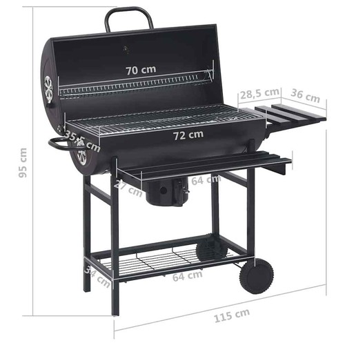 Barrel Grill with Wheels and Shelves Black Steel 115x85x95 cm Smoker vidaXL - Picture 10 of 11