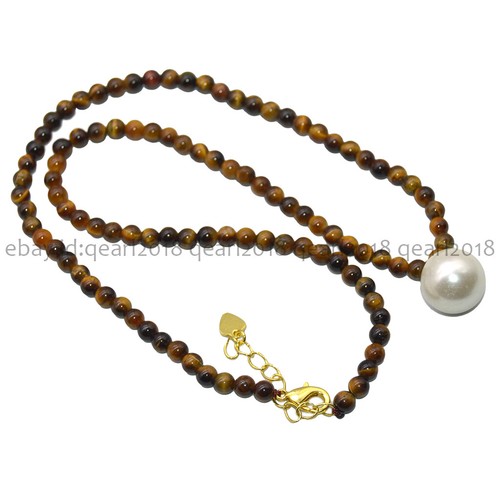 4mm Natural Assorted Gemstone 14mm Round White Shell Pearl Pendant Necklace 18'' - Picture 168 of 198