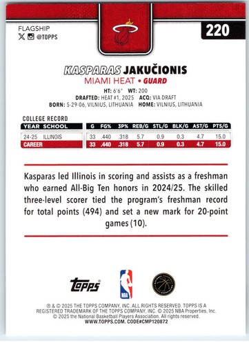 #220 Kasparas Jakucionis RC Miami Heat 2025-26 Topps Basketball Base - Bild 2 von 2