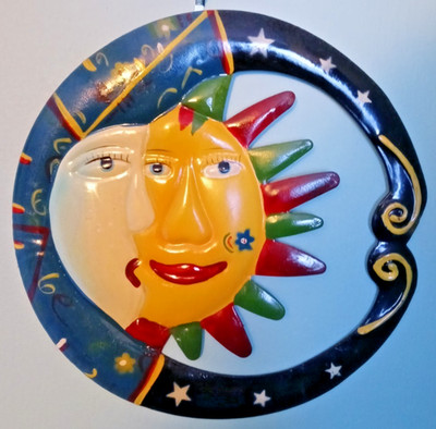 Hand-Painted Wall Colorful Metal Eclipse Celestial Theme Sunburst Moon 7.5''X7.5''