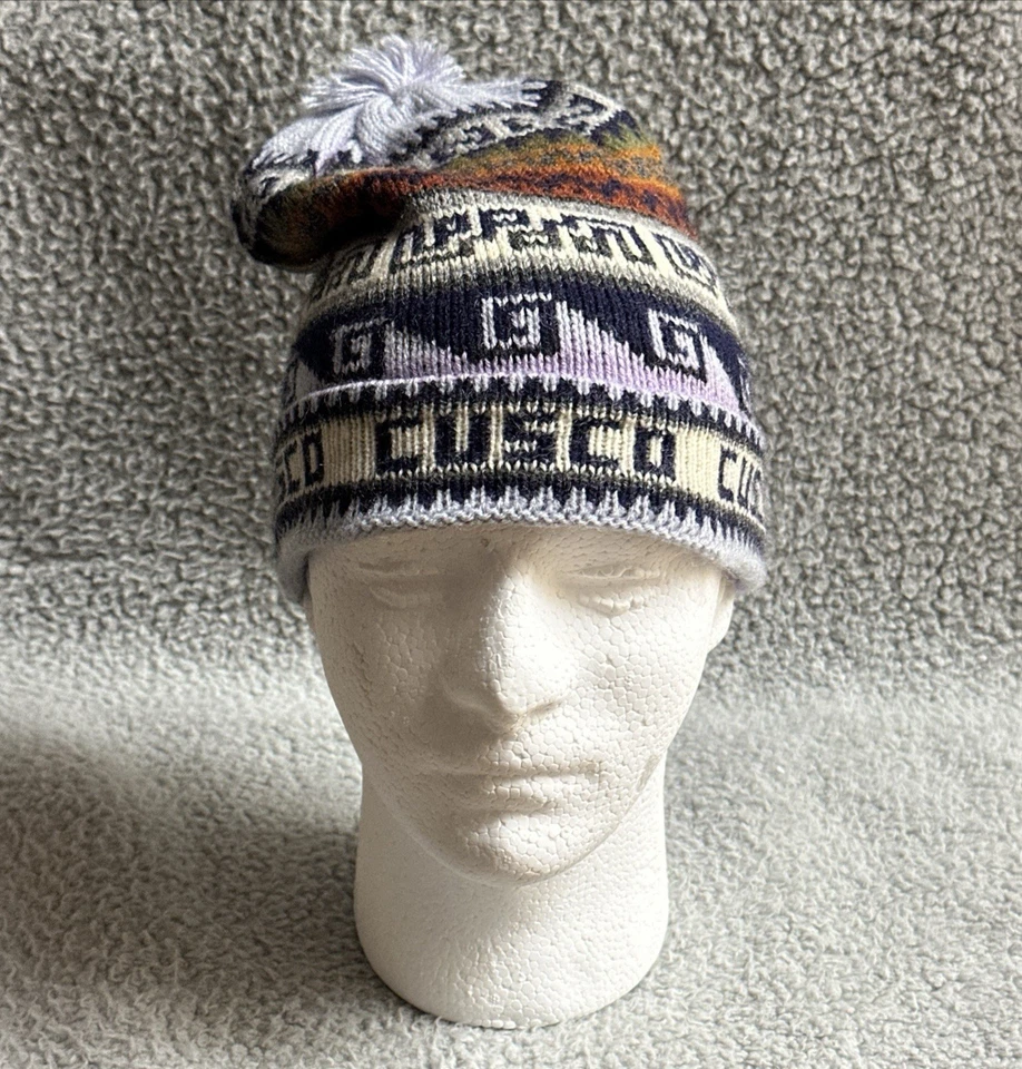 Cusco Peruvian Beanie 男女通用 Pom-Pom Cuffed 多色几何图案安第斯 — 第 3/4 张图片