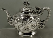 Chinese Export Silver Dragon Teapot   c1890 SIGNED