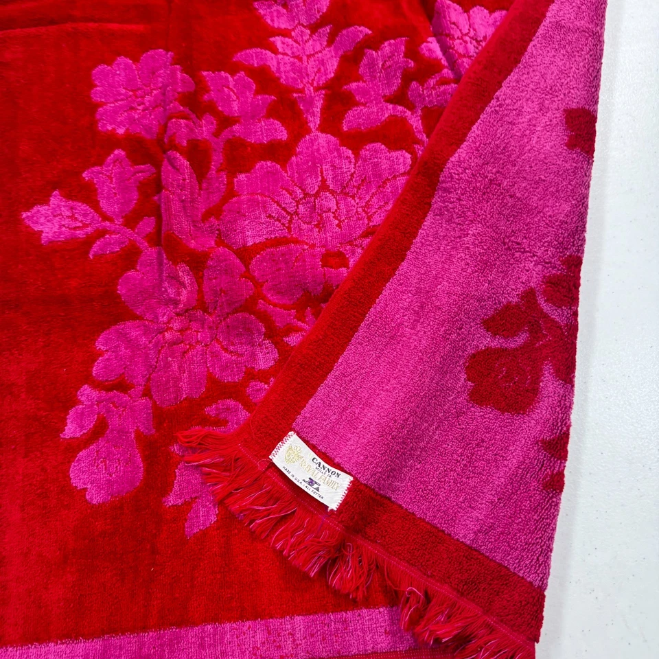vintage cannon bath towel hot pink floral chenille cotton rectangle retro 1479 - Image 4 of 4