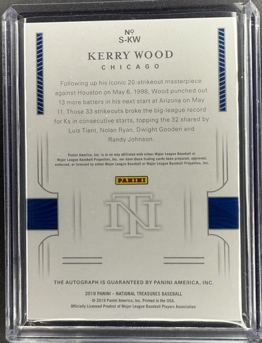 2019 Panini National Treasures - Signatures Kerry Wood #S-KW Holo Gold /99 (AU) - Picture 2 of 2