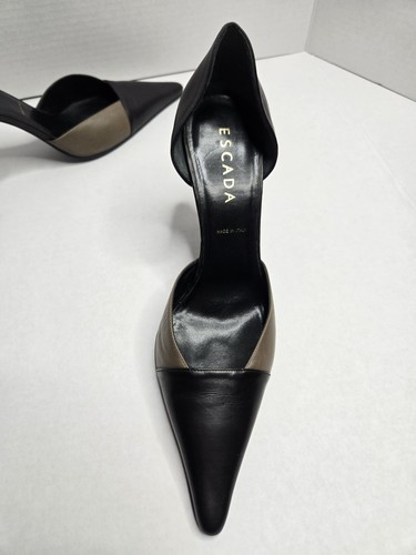 Vintage Escada Heels Women's Shoes Size 8½ April Vicuna Leather Black Tan Pointy - Picture 5 of 9