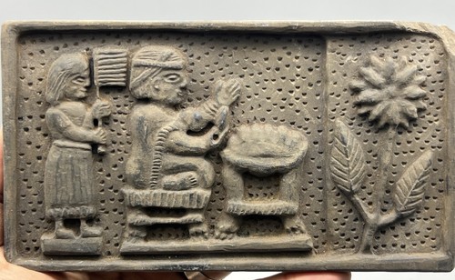 Ancient Stone Relief King Burning Fire Altar Near Eastern Tablet Tile